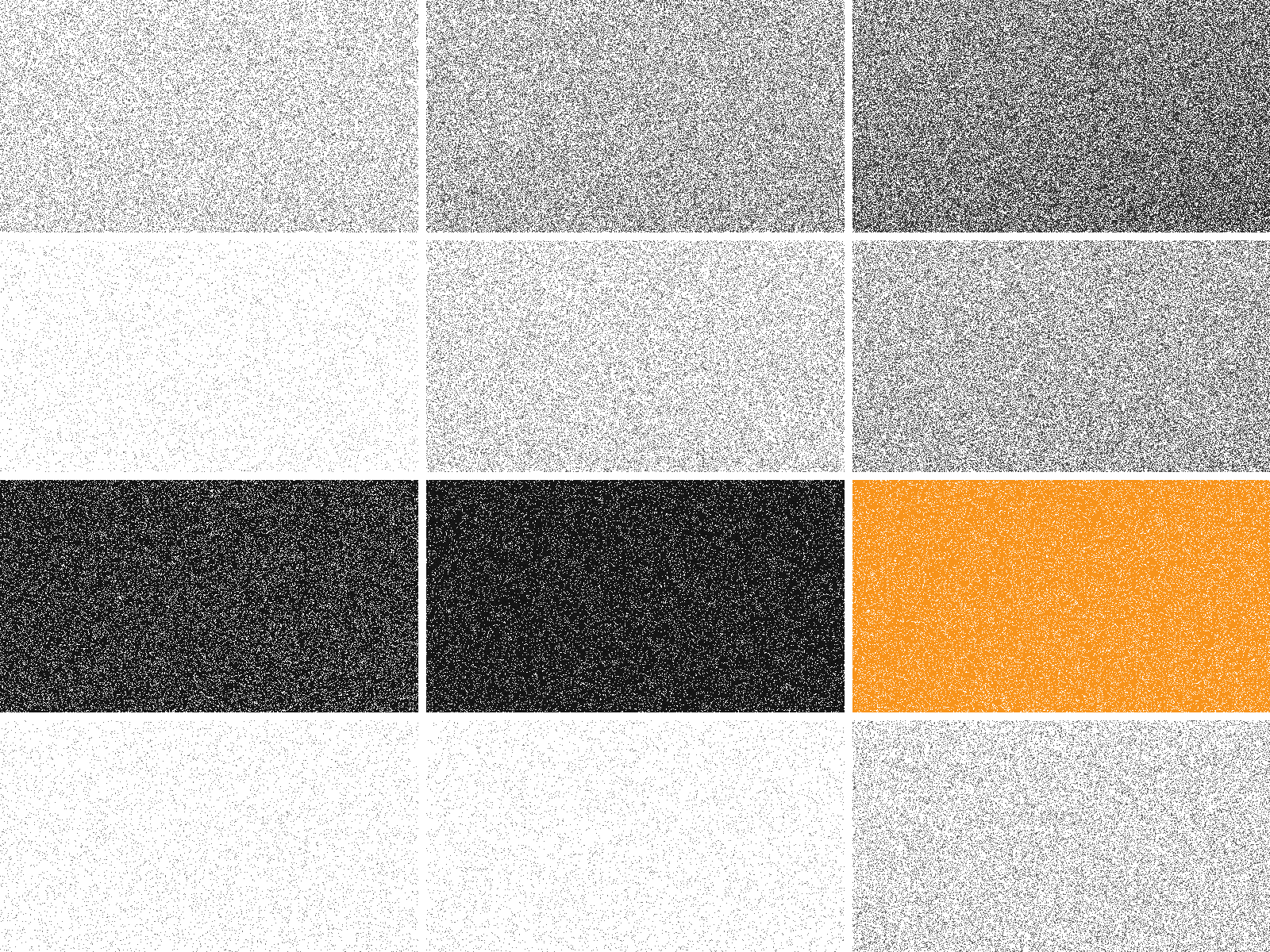 A four-by-three grid of stippled cells, some dense, some sparse, some inverted — the shape of a regime matrix.